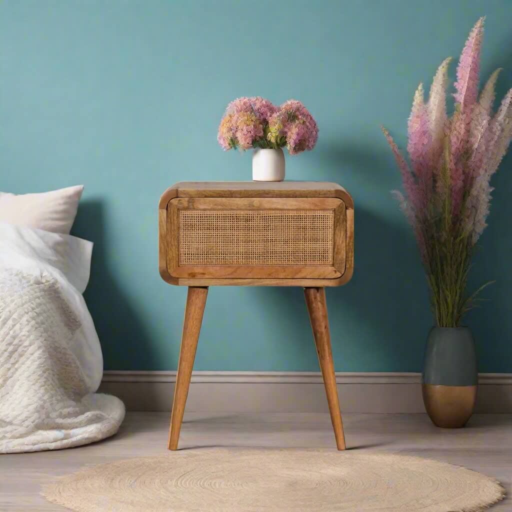 Boho Chic Woven Rattan Nightstand | Oak Finish