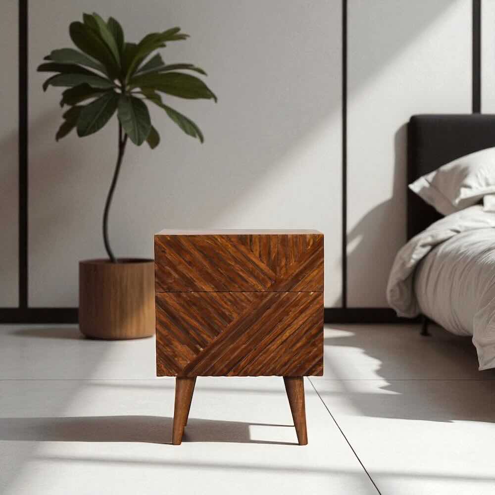Lille Carved 2 Drawer Bedside Table | Chestnut Finish