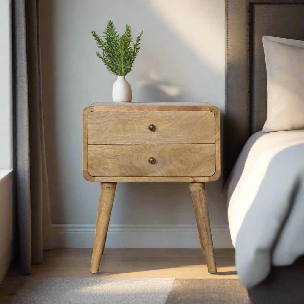 Curved Nightstand with 2 Drawers | Oak Finish