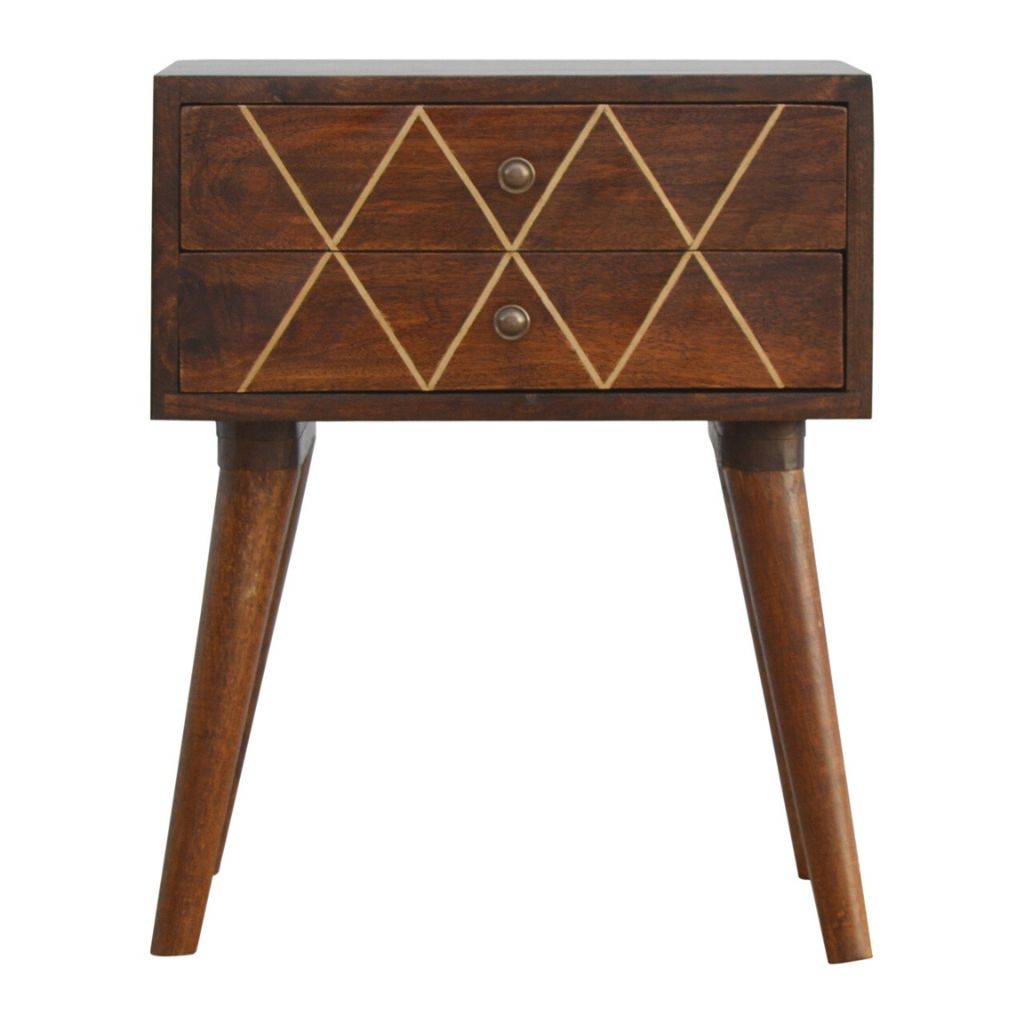 Mid Century Modern Nightstand with Geometric Brass Inlay