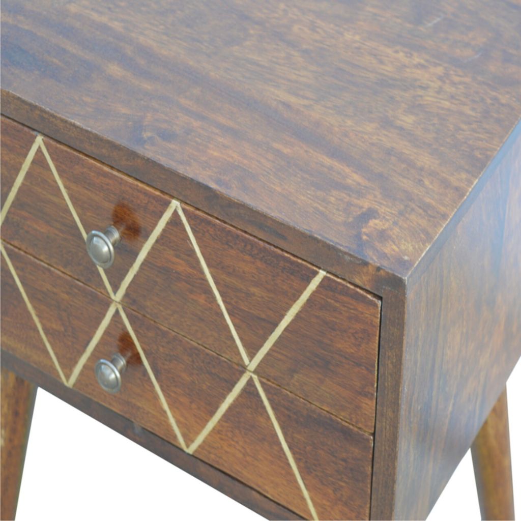 Mid Century Modern Nightstand with Geometric Brass Inlay