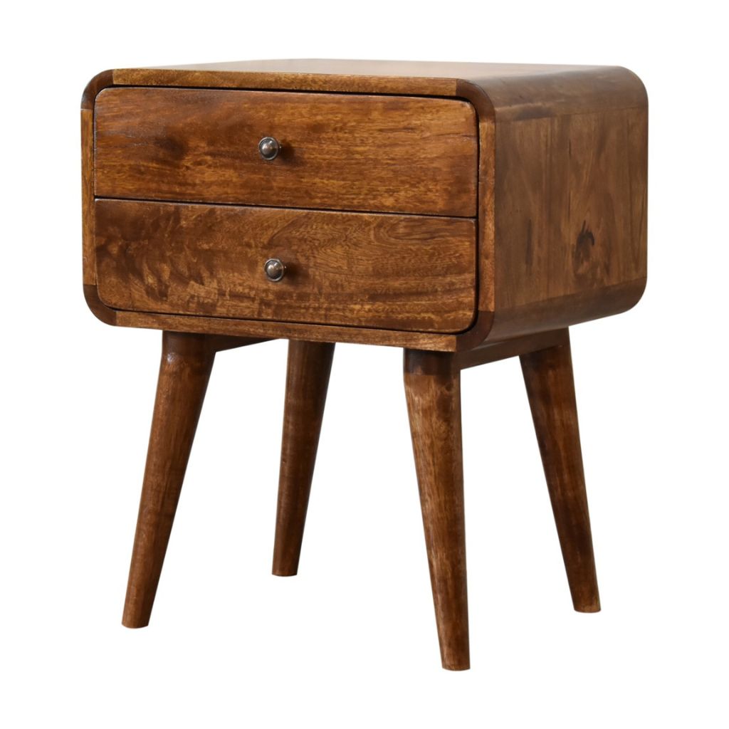 Dark Wood Curved Nightstand with 2 Drawers | Chestnut Finish