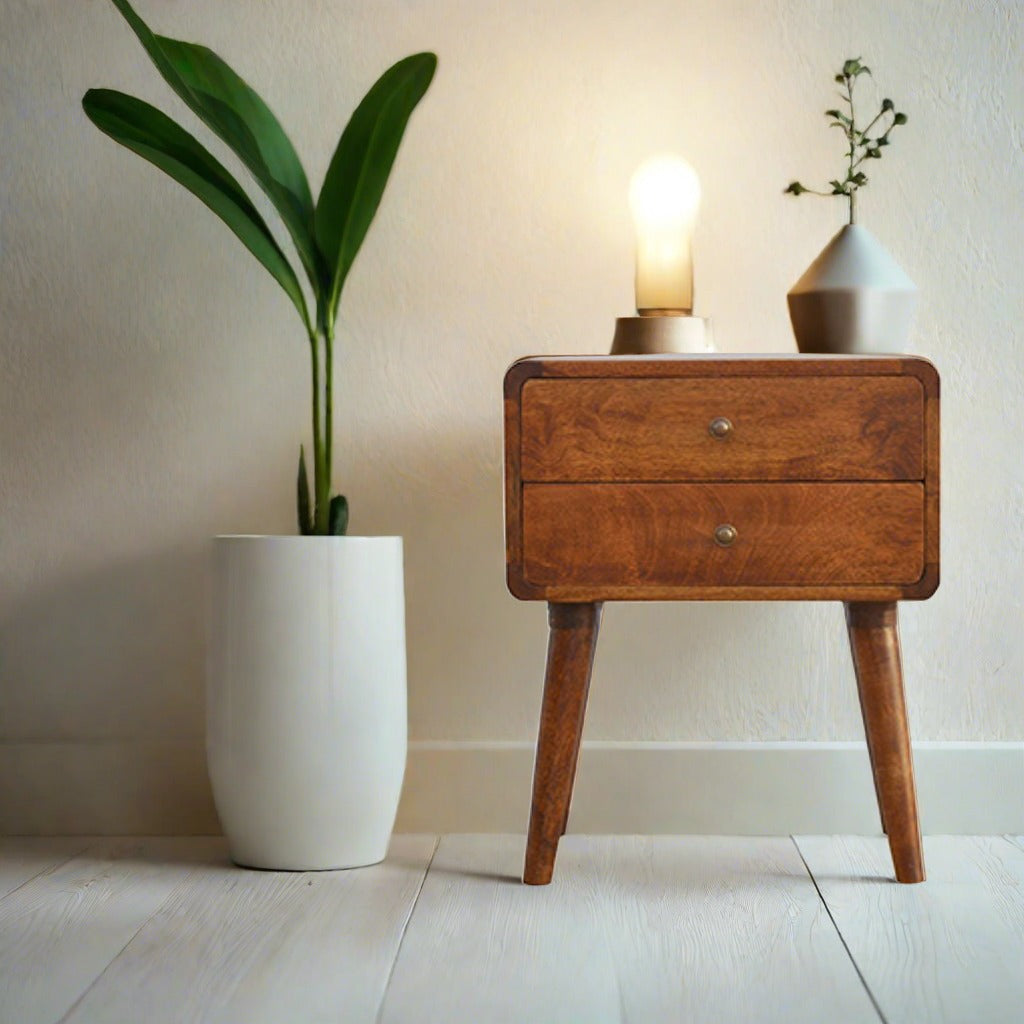 Dark Wood Curved Nightstand with 2 Drawers | Chestnut Finish