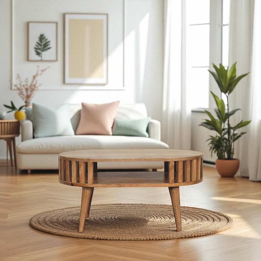 Oval Coffee Table with Open Shelf | Ariella - Oak Finish