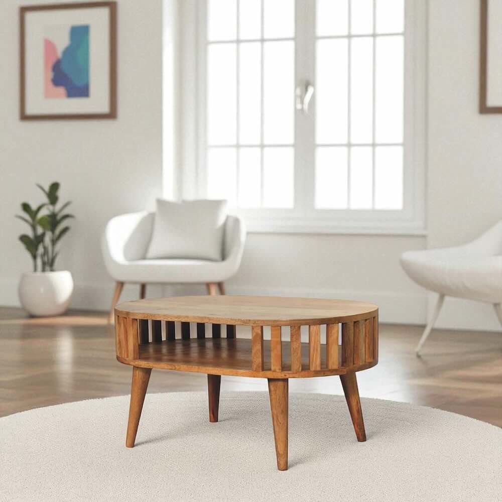 Oval Coffee Table with Open Shelf | Ariella - Oak Finish