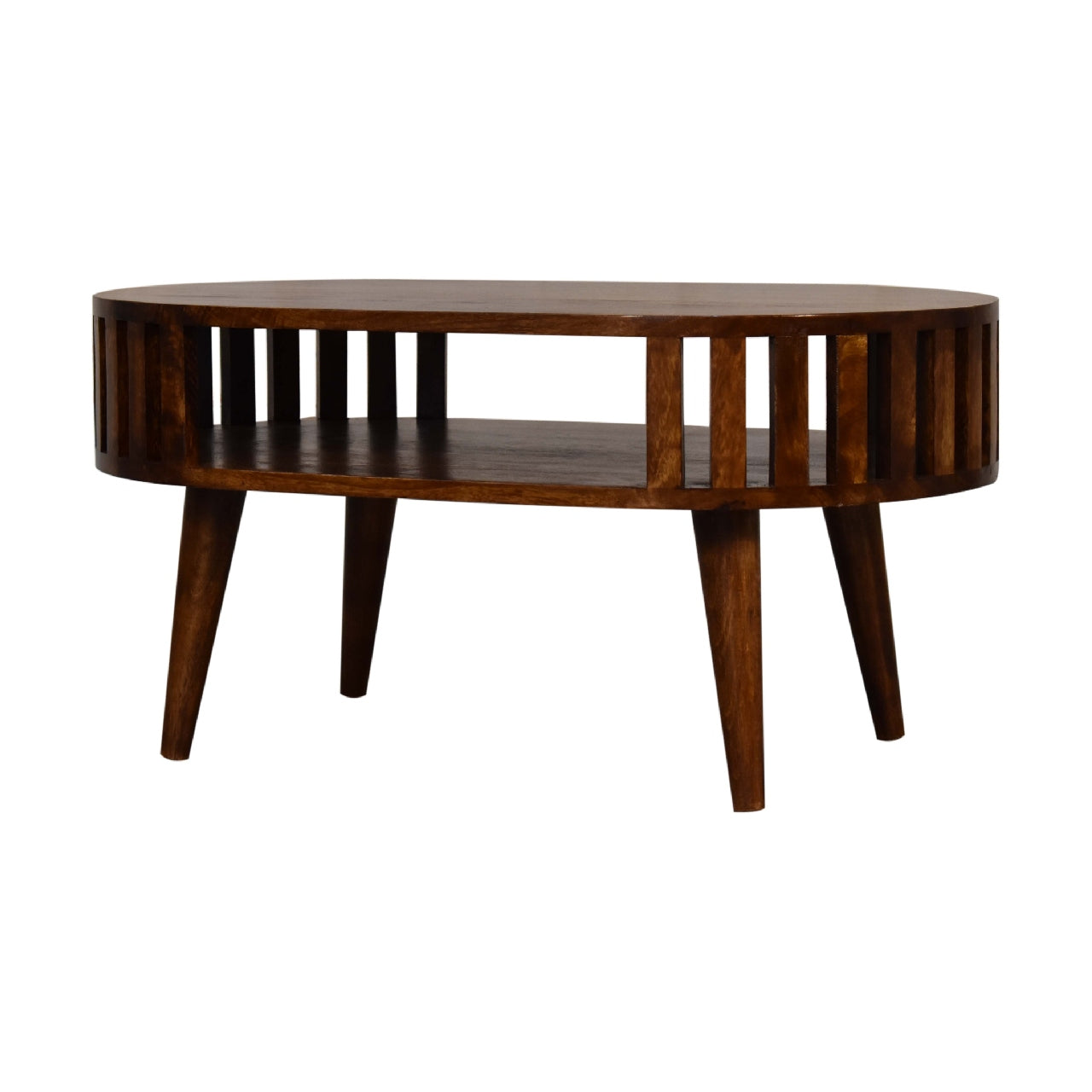 Oval Coffee Table with Shelf | Ariella - Chestnut Finish