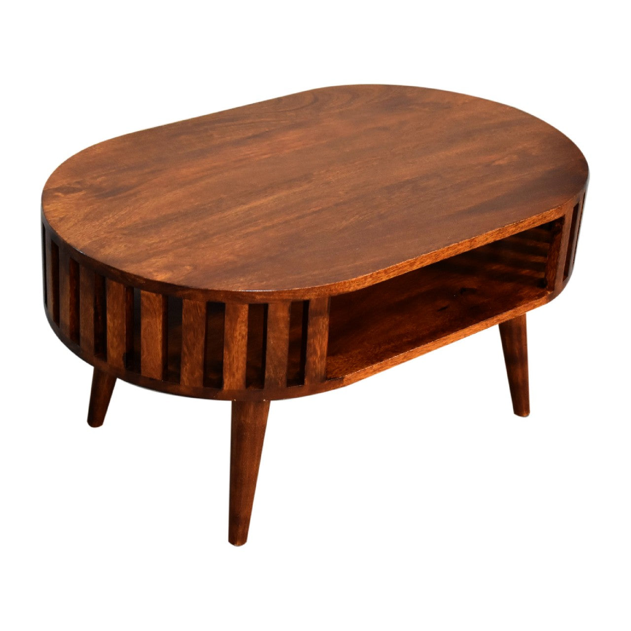 Oval Coffee Table with Shelf | Ariella - Chestnut Finish