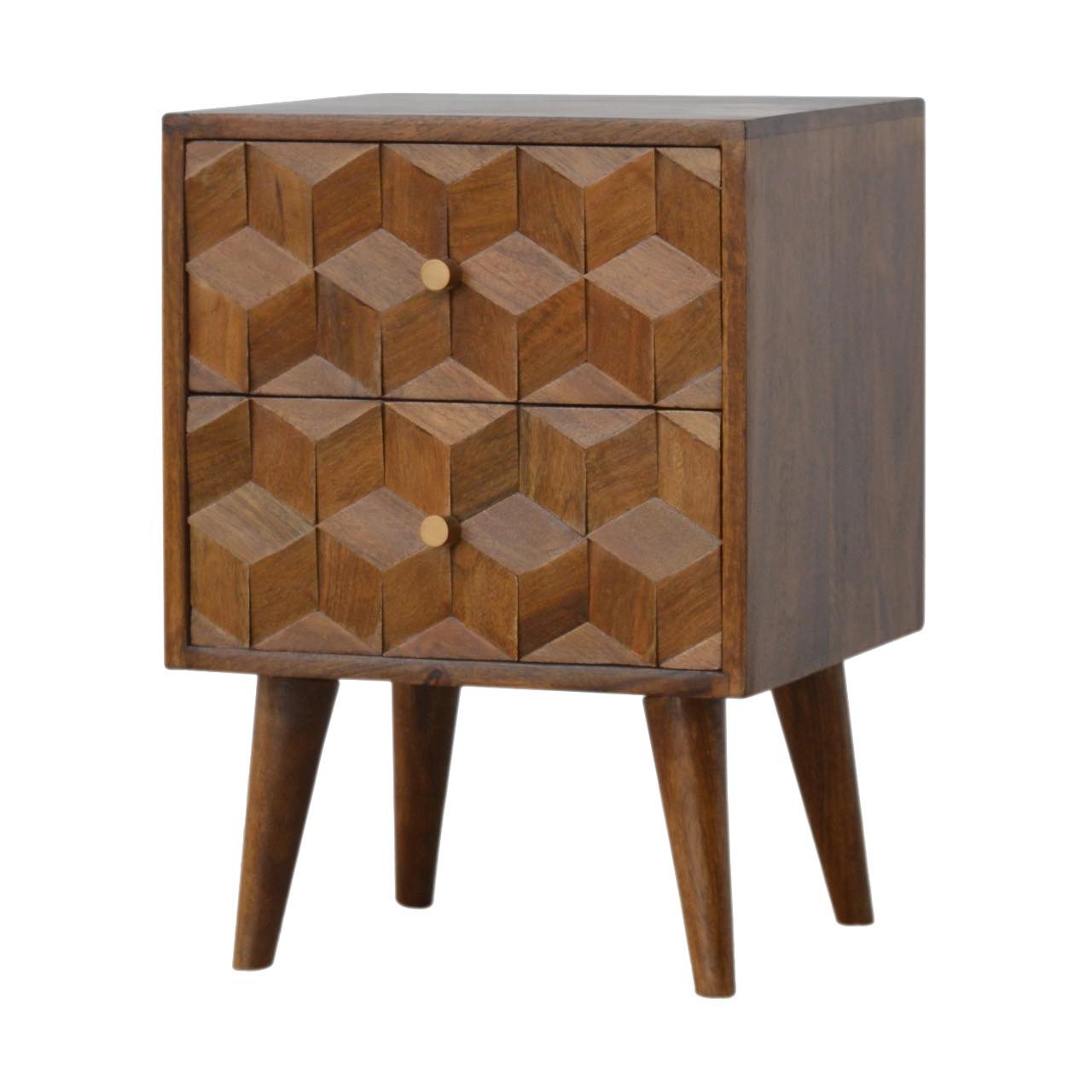 Carved Cube 2 Drawer Nightstand | Chestnut Finish