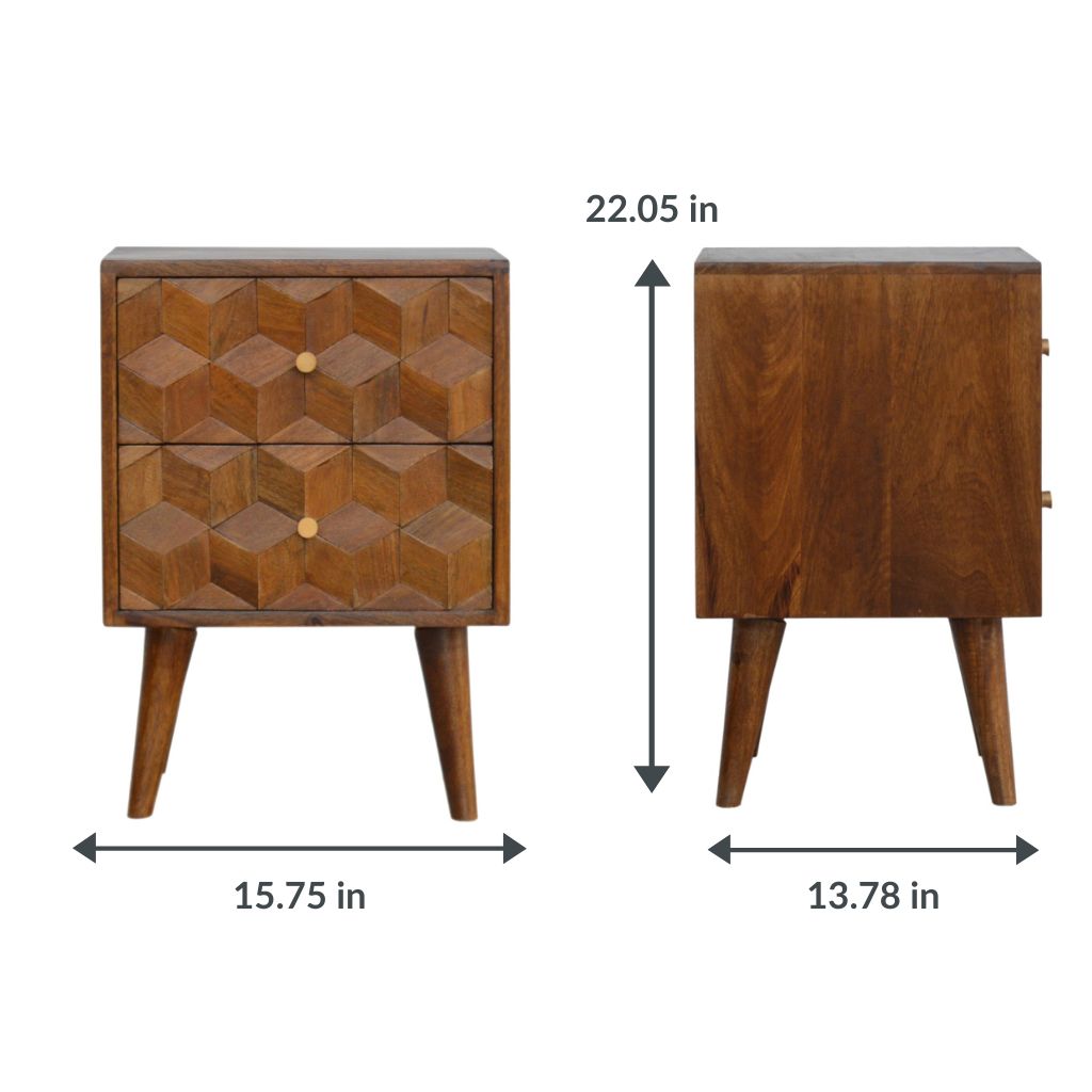 Carved Cube 2 Drawer Nightstand | Chestnut Finish